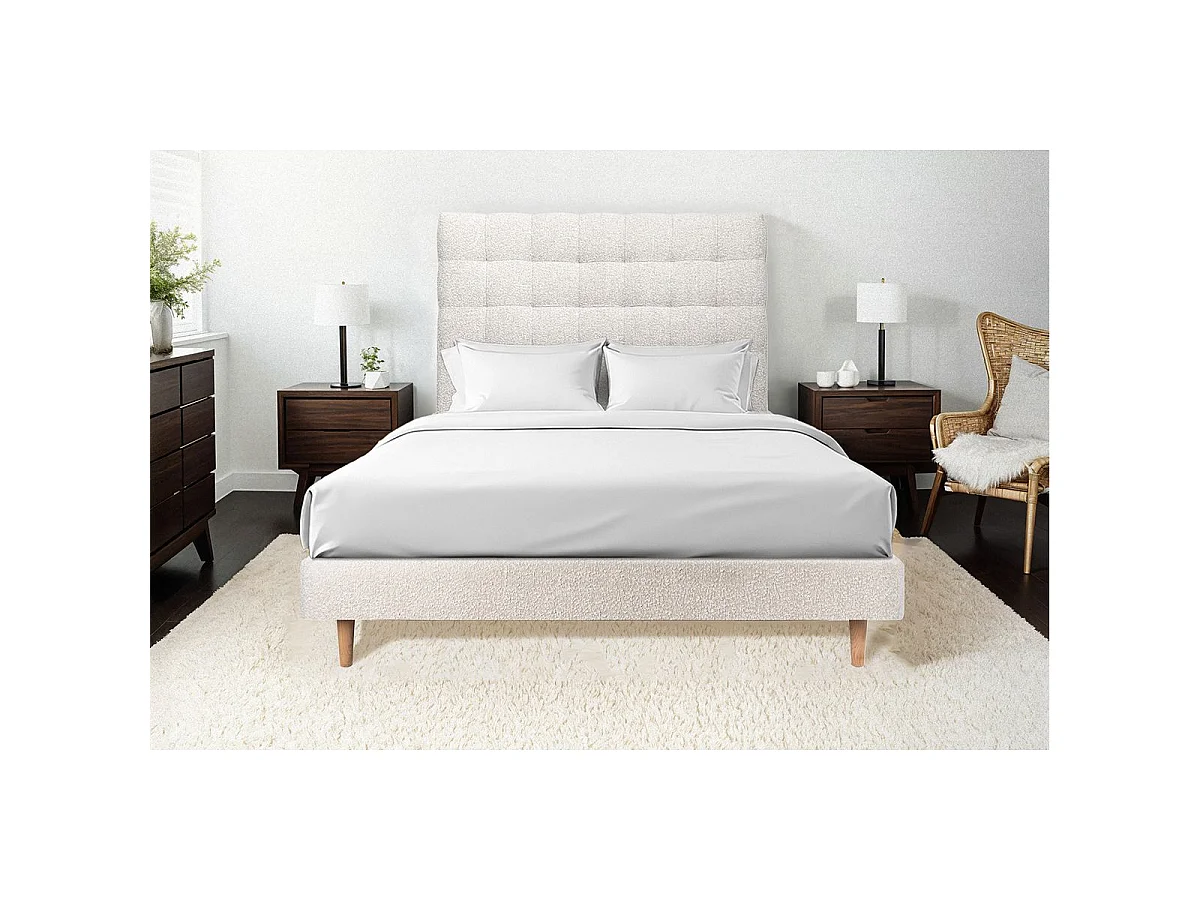 Lit 140x190cm avec tête de lit capitonnée bouclette et sommier tapissier beige - Hauteur totale : 29cm