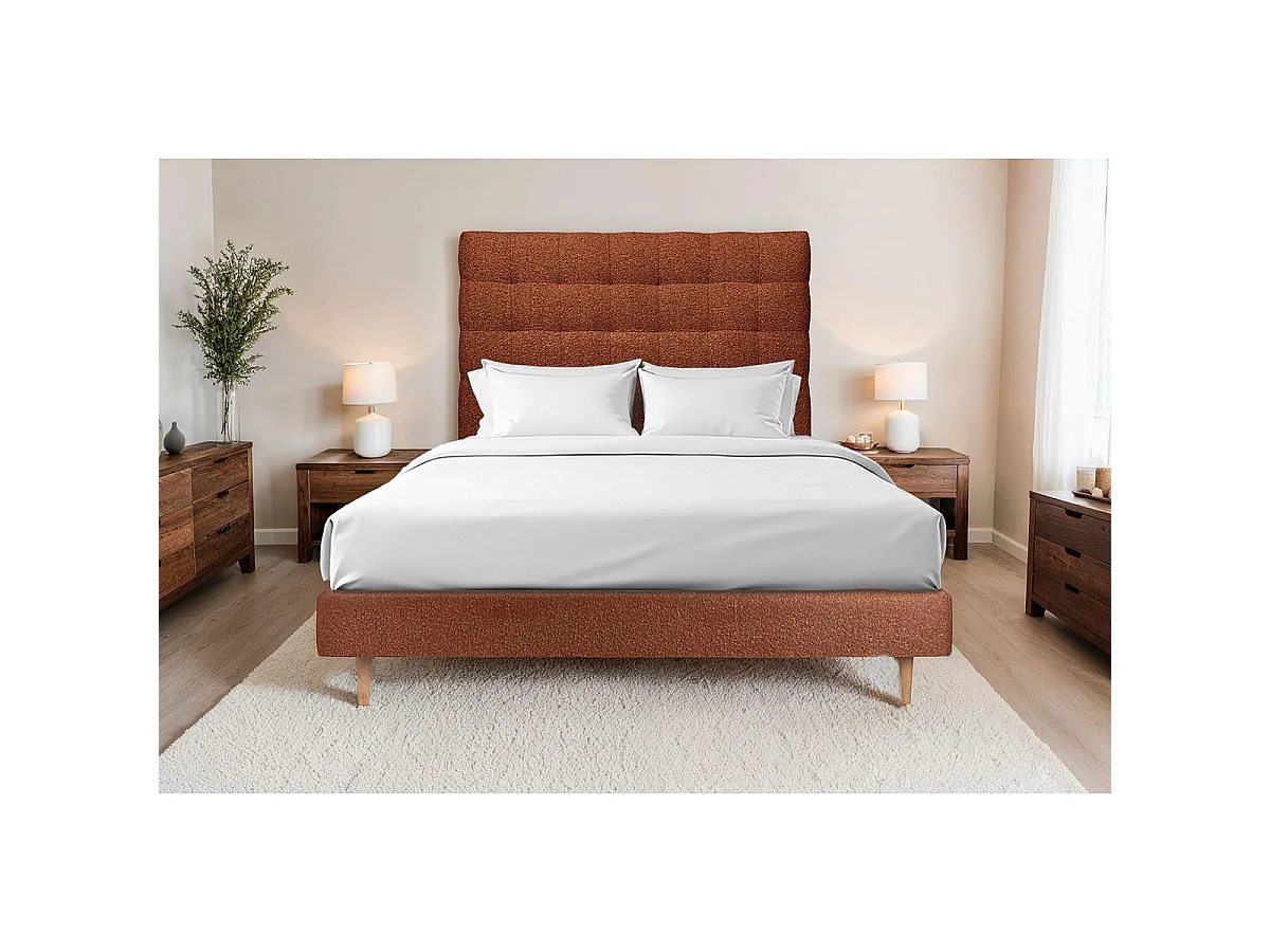 Lit 140x190cm avec tête de lit capitonnée bouclette et sommier tapissier terracotta - Hauteur totale : 29cm