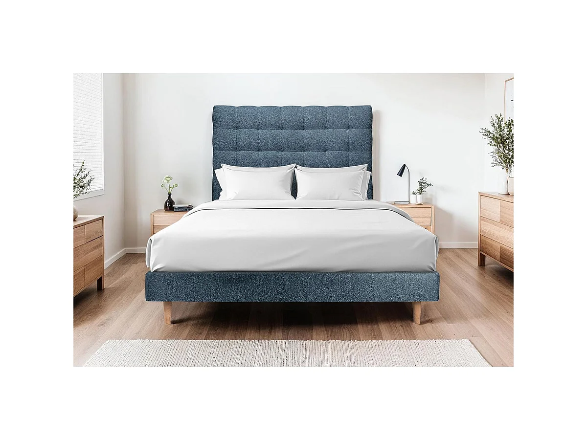 Lit 140x190cm avec tête de lit capitonnée bouclette et sommier tapissier Bleu - Hauteur totale : 29cm