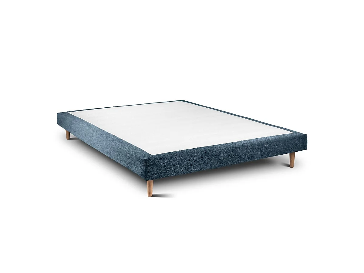 Lit 140x190cm avec tête de lit capitonnée bouclette et sommier tapissier Bleu - Hauteur totale : 29cm