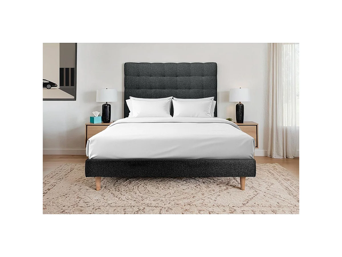Lit 140x190cm avec tête de lit capitonnée bouclette et sommier tapissier Noir - Hauteur totale : 29cm