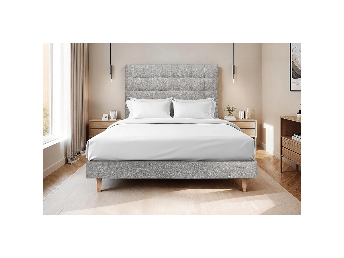 Lit 140x190cm avec tête de lit capitonnée bouclette et sommier tapissier gris - Hauteur totale : 29cm