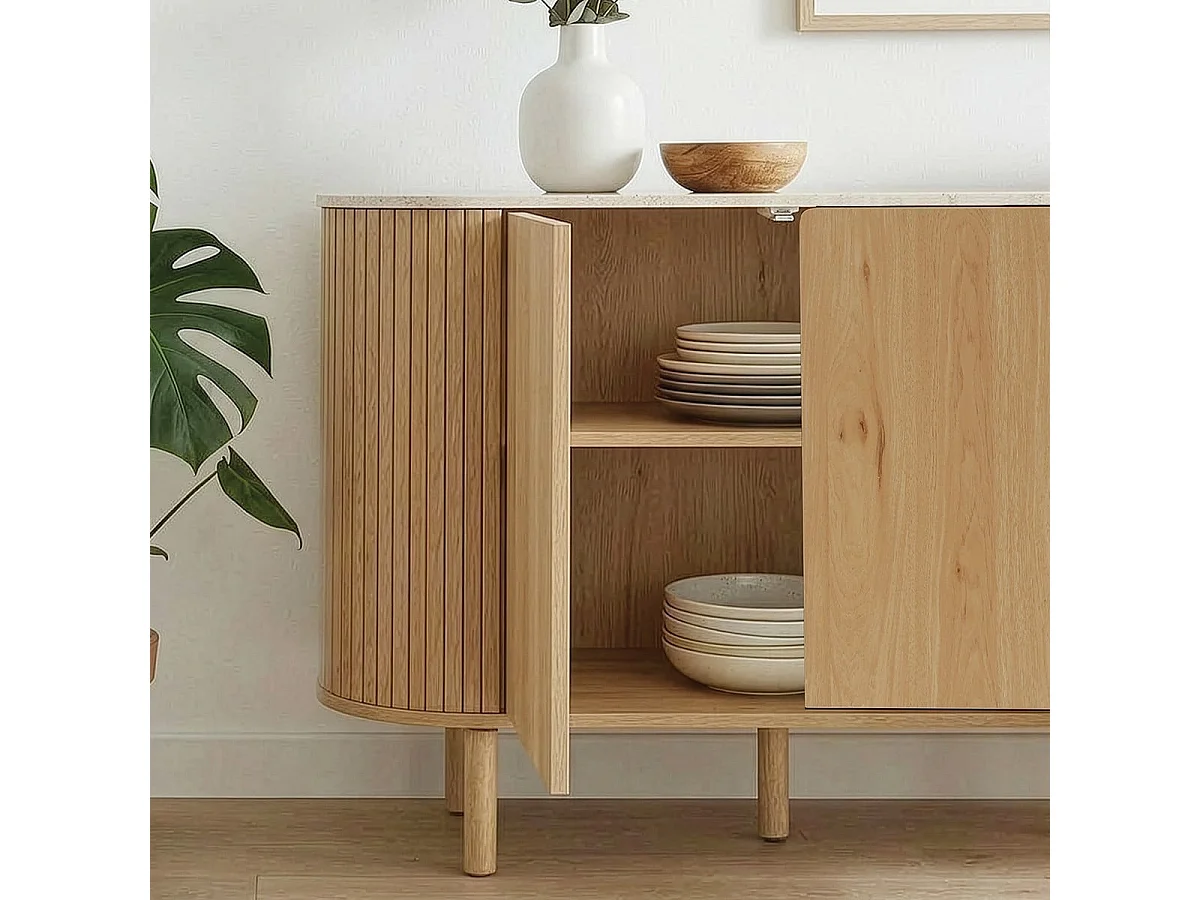 Dressoir met 3 deuren en travertijn-look blad, L 160 cm - HELIOS