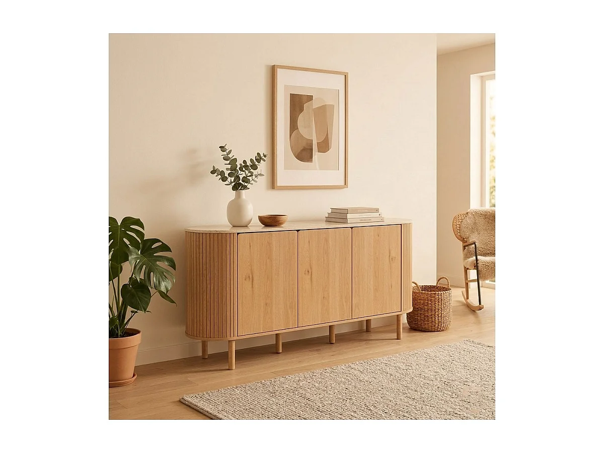 Dressoir met 3 deuren en travertijn-look blad, L 160 cm - HELIOS