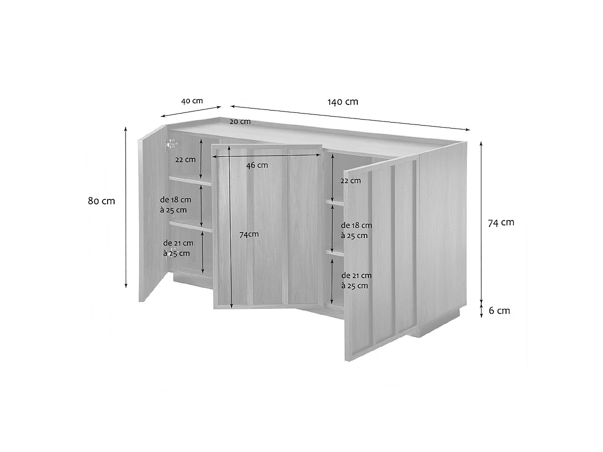 Buffet 3 portes effet noyer avec rebord L140 cm - ABEL