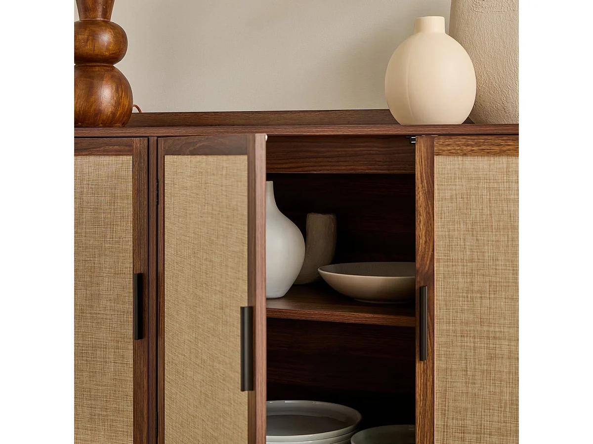 Buffet 3 portes décor noyer avec façades en tissu  L140 cm - JETSON