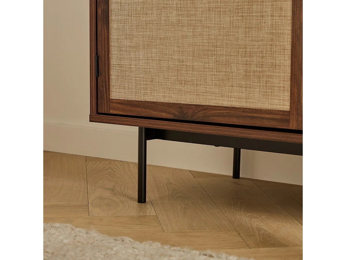 Buffet 3 portes décor noyer avec façades en tissu  L140 cm - JETSON