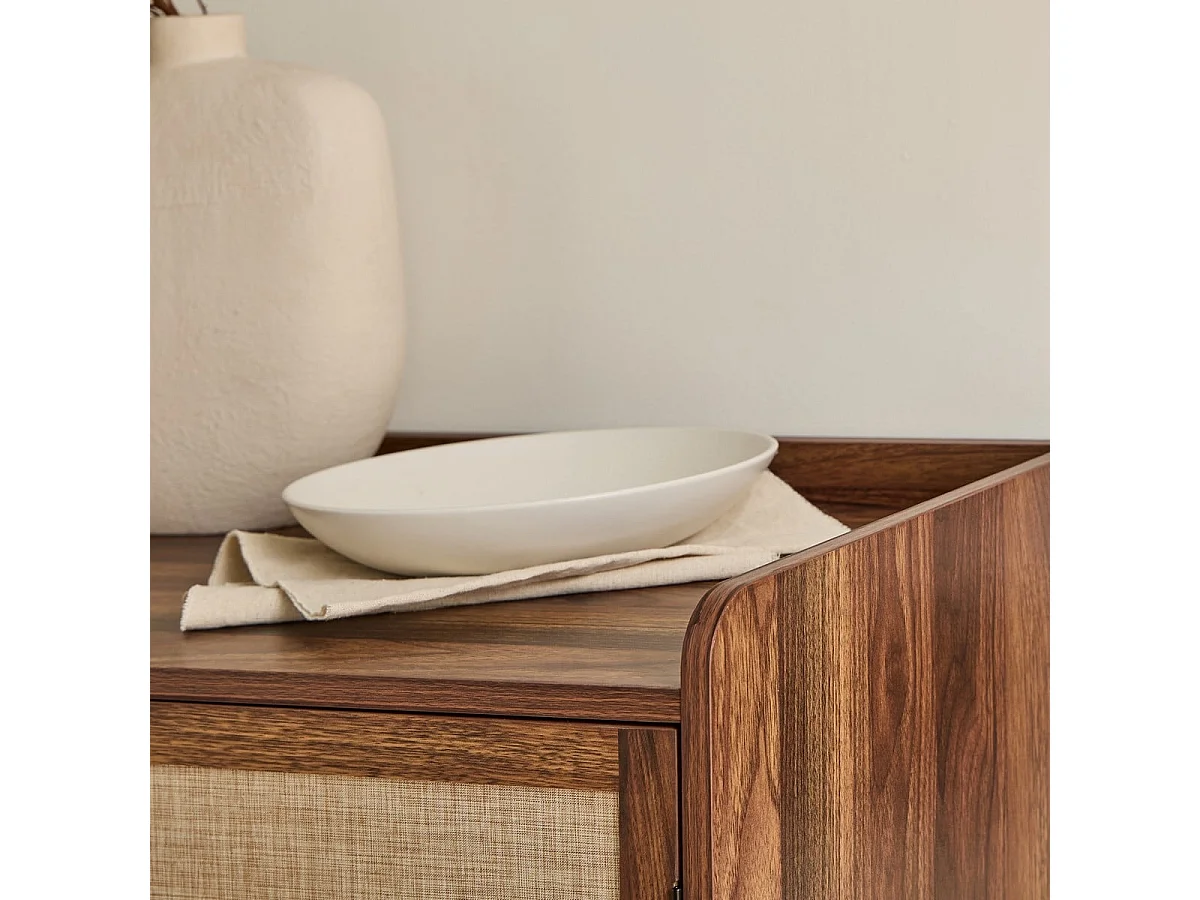 Buffet 3 portes décor noyer avec façades en tissu  L140 cm - JETSON