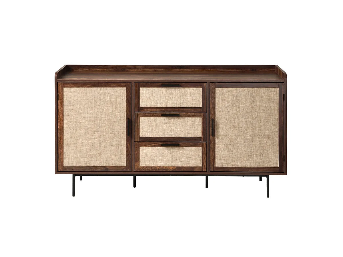 Buffet 2 portes 3 tiroirs décor noyer et façades en tissu L140 cm - JETSON
