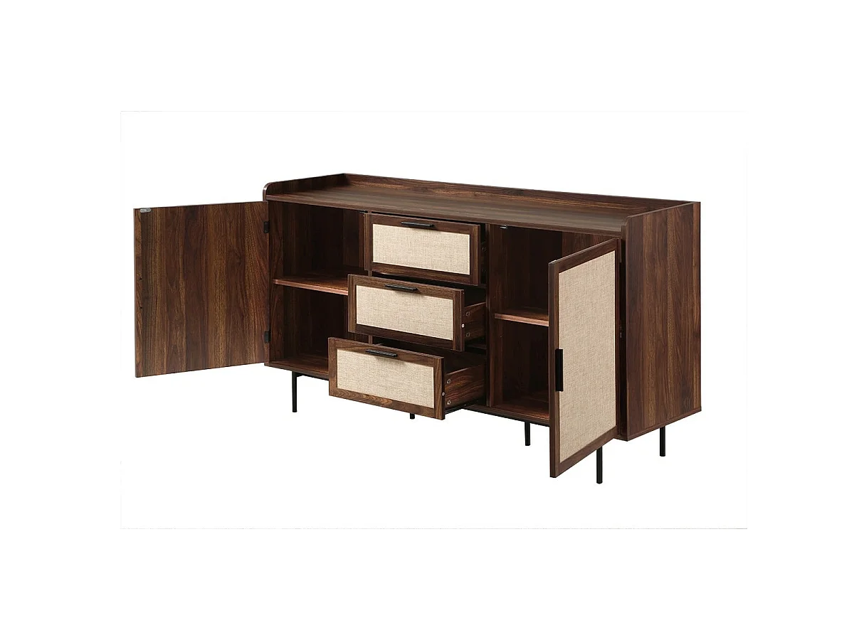 Buffet 2 portes 3 tiroirs décor noyer et façades en tissu L140 cm - JETSON