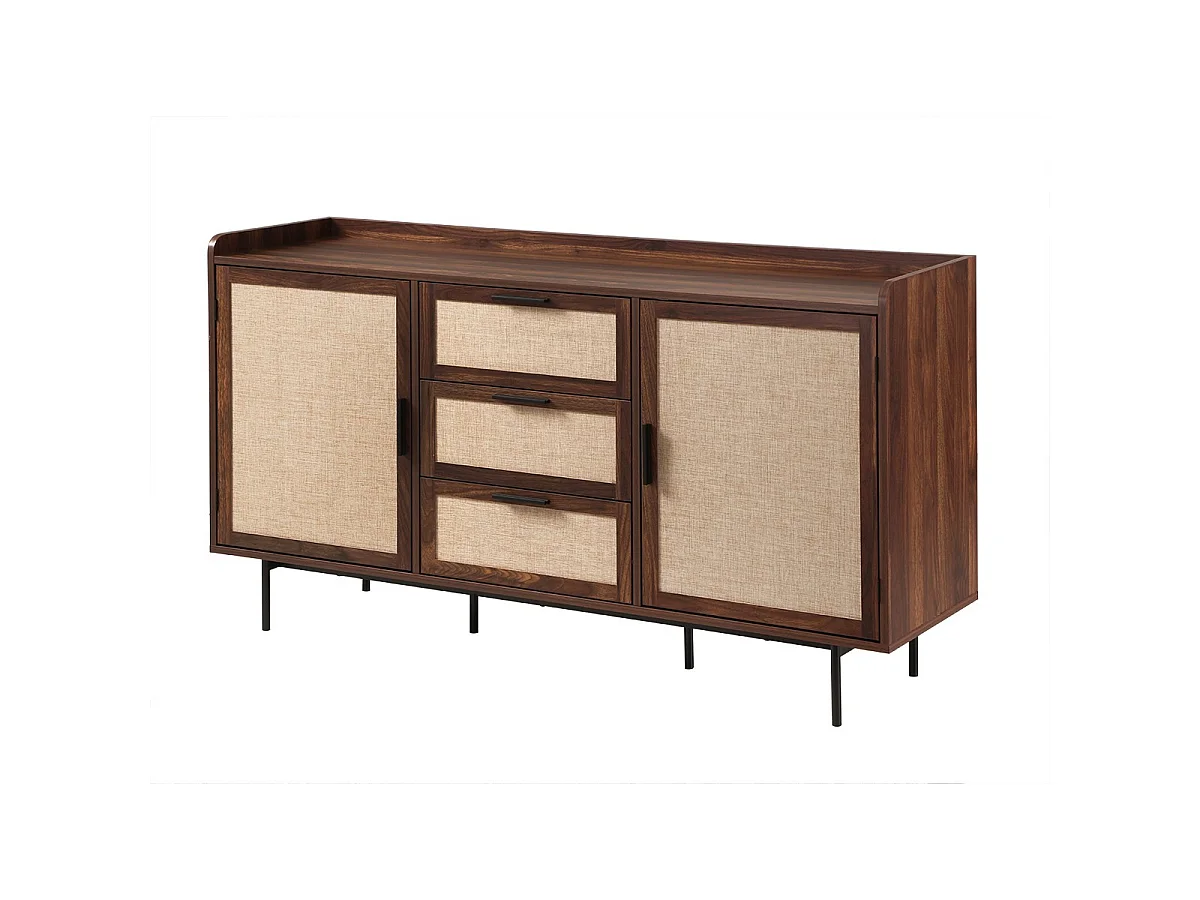 Buffet 2 portes 3 tiroirs décor noyer et façades en tissu L140 cm - JETSON