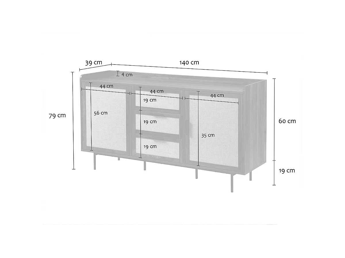 Buffet 2 portes 3 tiroirs décor noyer et façades en tissu L140 cm - JETSON