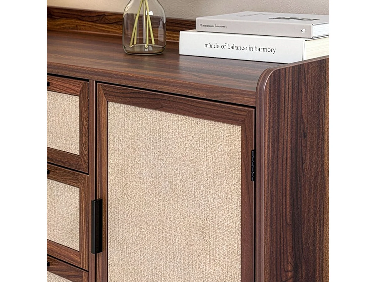 Buffet 2 portes 3 tiroirs décor noyer et façades en tissu L140 cm - JETSON