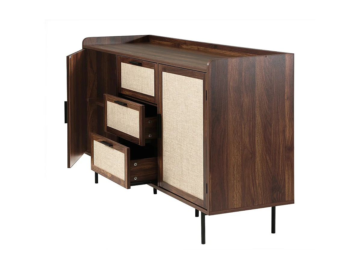 Buffet 2 portes 3 tiroirs décor noyer et façades en tissu L140 cm - JETSON