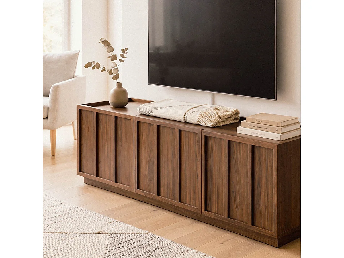 Meuble TV 3 portes effet noyer avec rebord L140 cm - ABEL