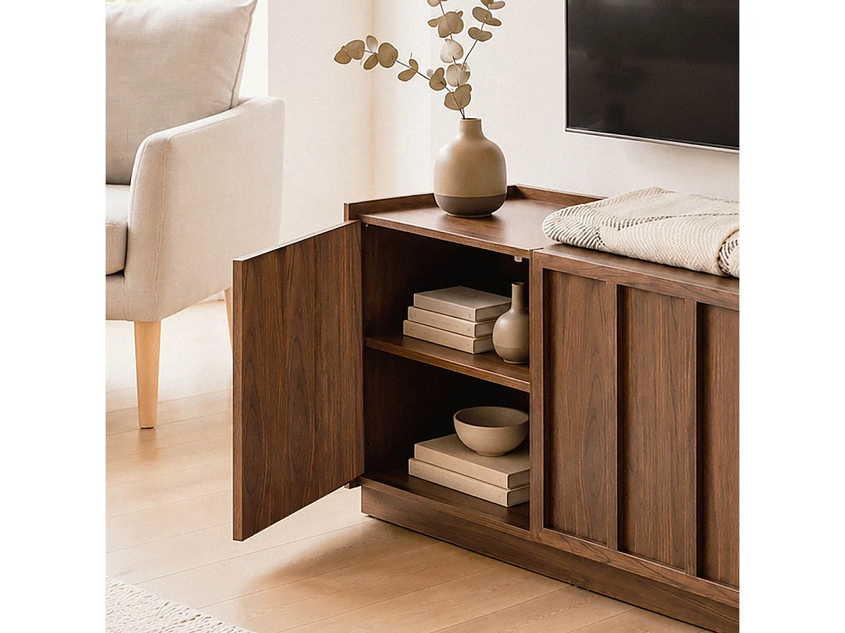 Meuble TV 3 portes effet noyer avec rebord L140 cm - ABEL
