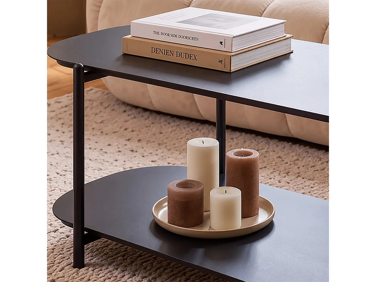 Two-tier coffee table in black metal, 100 cm long - SASHA
