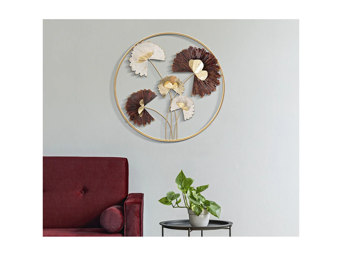 Panneau décoratif mural Reddy Round rond avec fleurs en fer rouge, blanc et or Ø 61 cm
