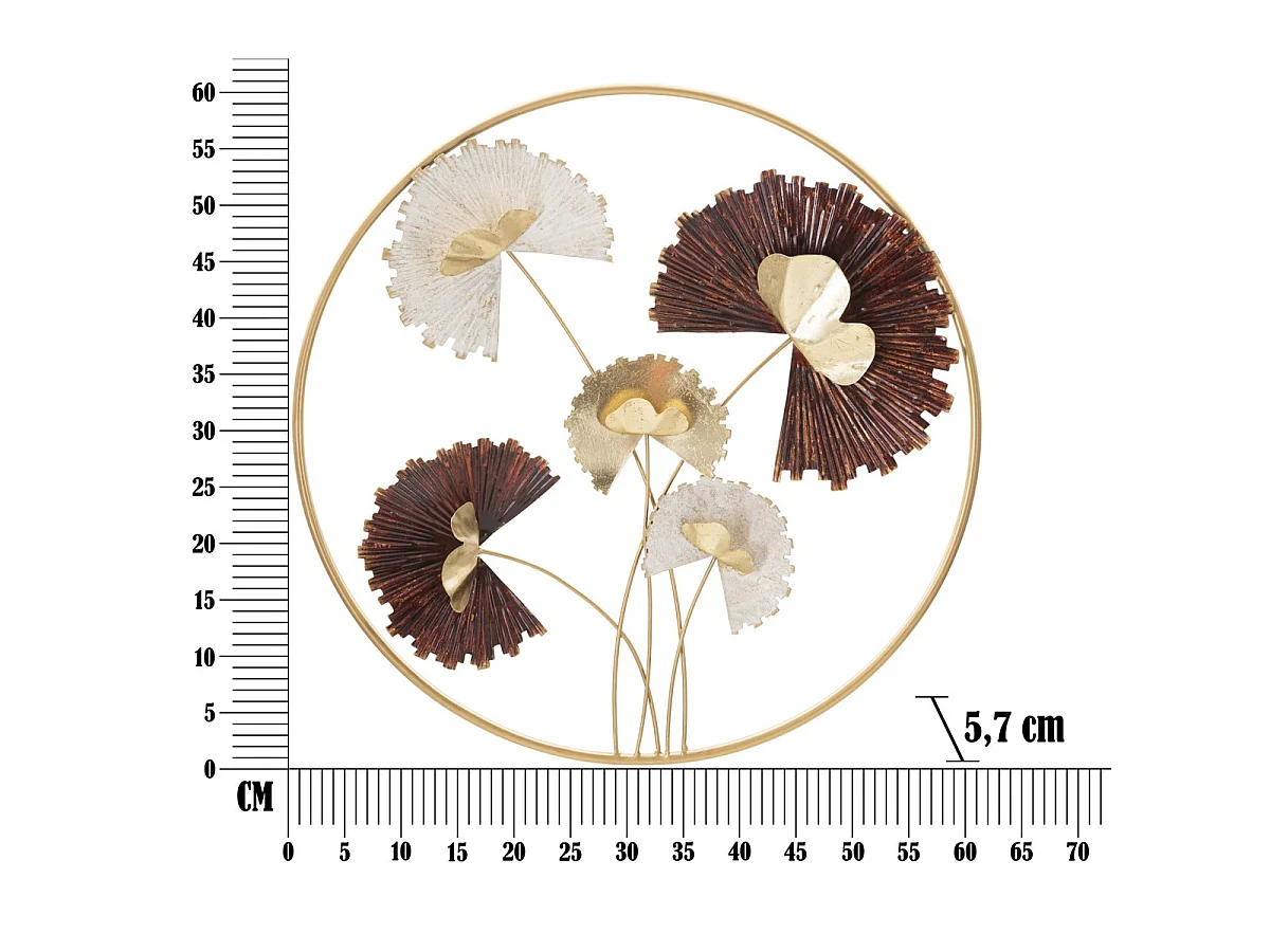 Panneau décoratif mural Reddy Round rond avec fleurs en fer rouge, blanc et or Ø 61 cm