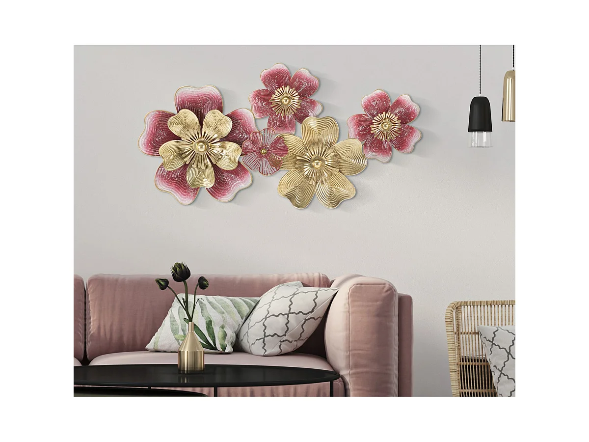Panneau mural Lobi en fer avec fleurs roses et or