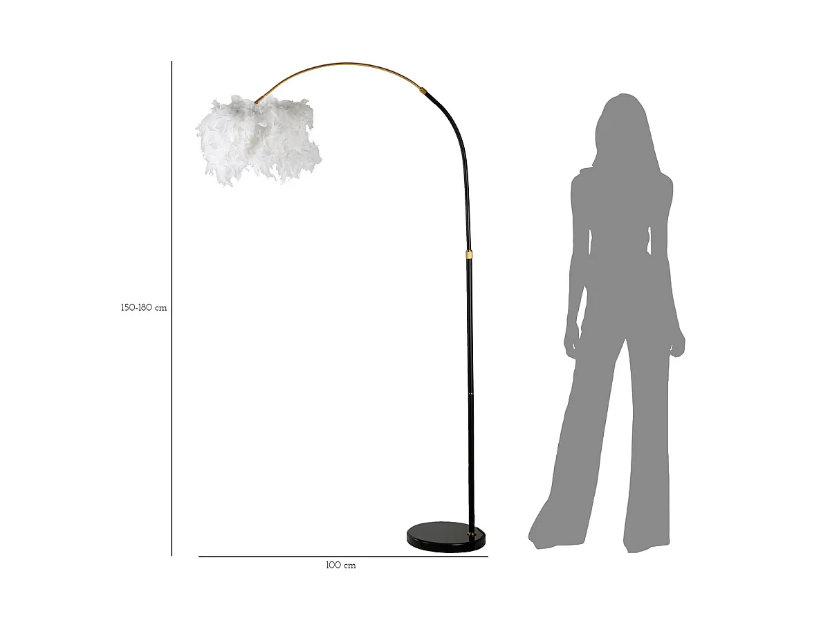 Boogvloerlamp Arc Plur met witte veren lampenkap en marmeren voet