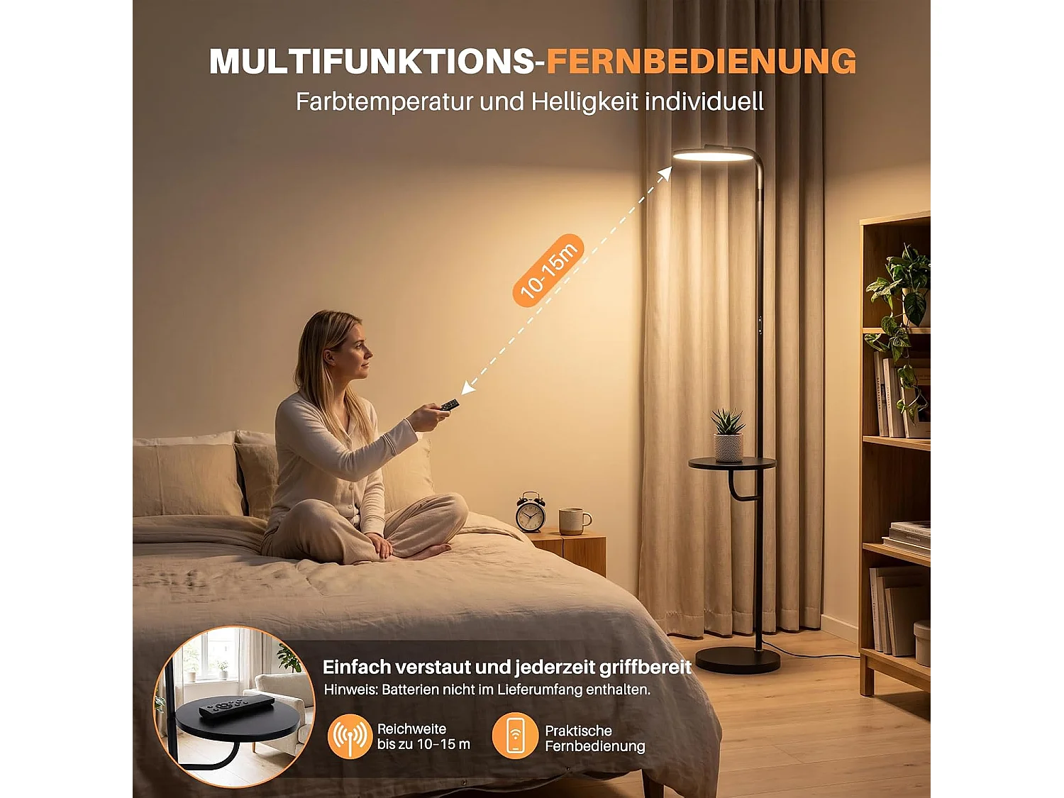 NETTLIFE Lampa podłogowa LED 30W Czarna 174cm z pilotem, regulowana 3000K-6500K, 2331lm, idealna do salonu, sypialni, kącika do czytania.