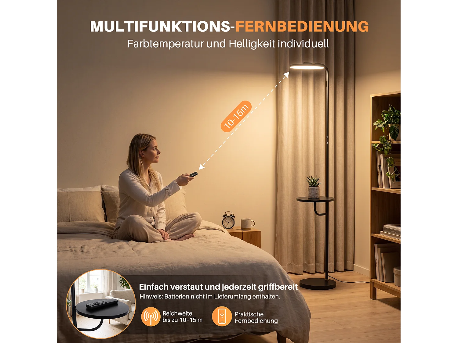 NETTLIFE Lampa podłogowa LED 30W Czarna 174cm z pilotem, regulowana 3000K-6500K, 2331lm, idealna do salonu, sypialni, kącika do czytania.