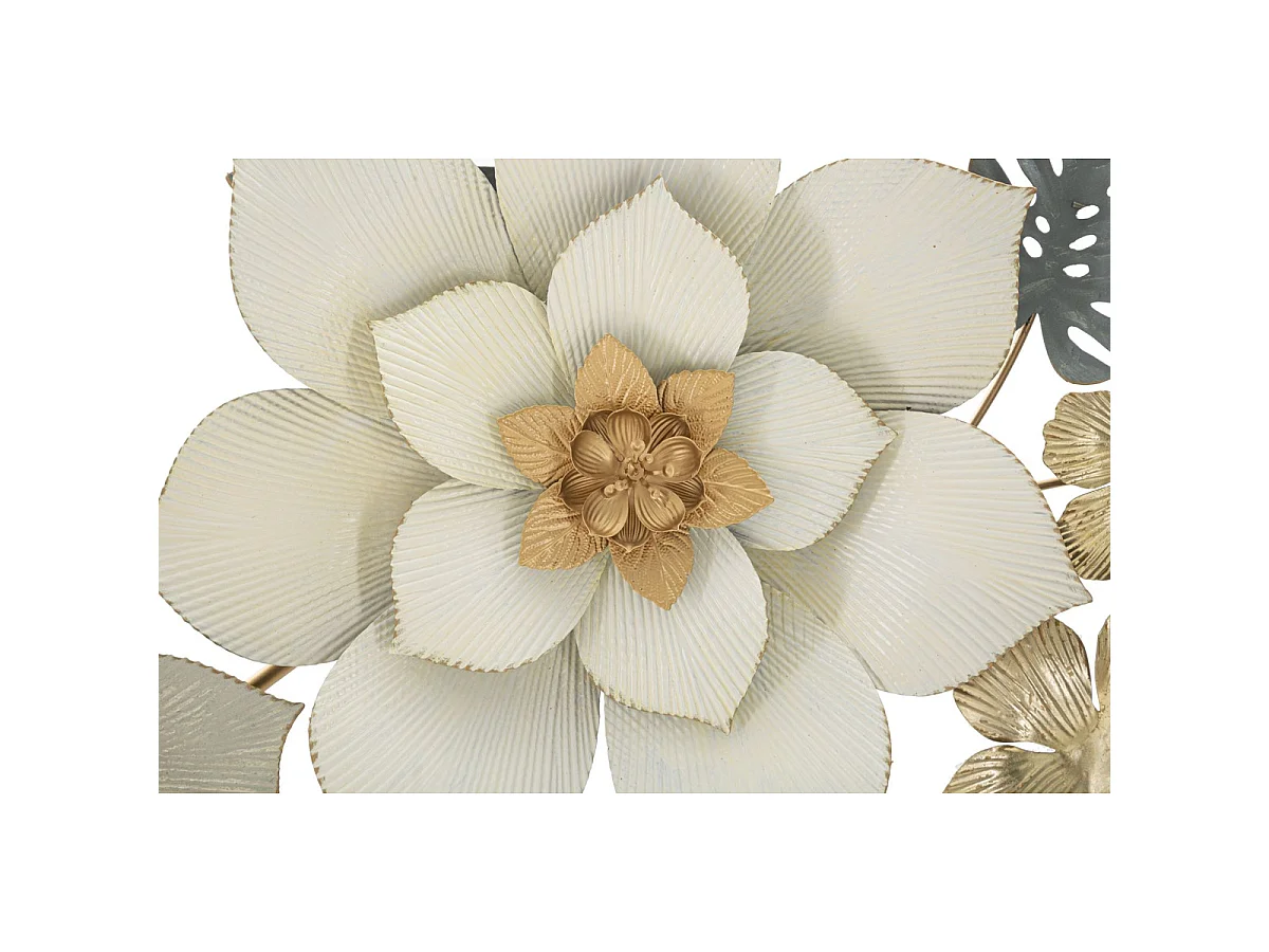 Panneau décoratif mural Moty fleurs tropicales en fer blanc, gris et or 134x69 cm