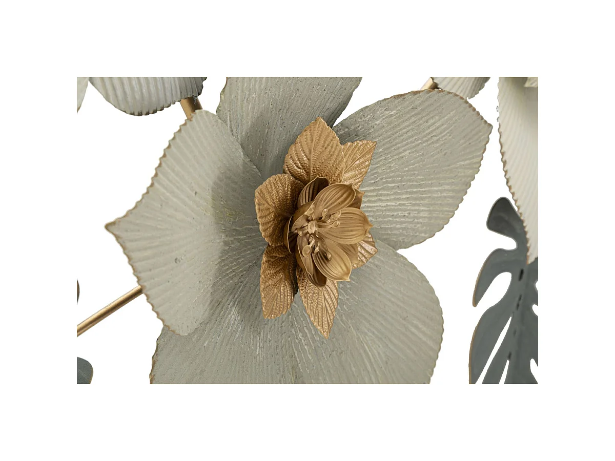 Panneau décoratif mural Moty fleurs tropicales en fer blanc, gris et or 134x69 cm