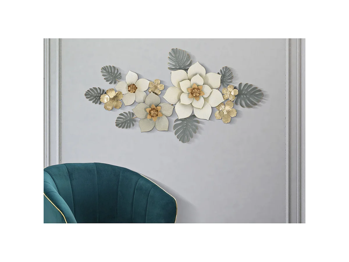 Panneau décoratif mural Moty fleurs tropicales en fer blanc, gris et or 134x69 cm