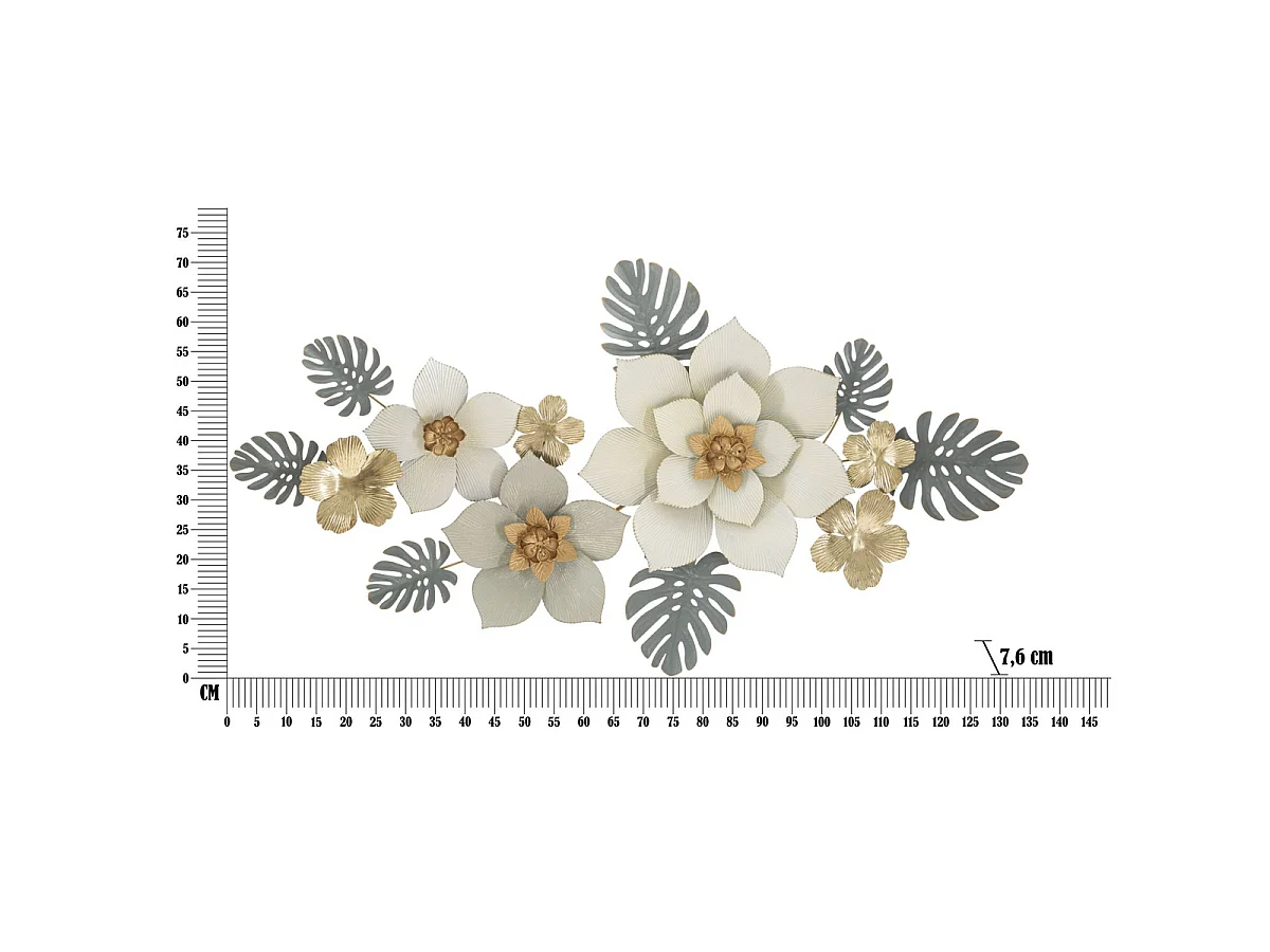 Panneau décoratif mural Moty fleurs tropicales en fer blanc, gris et or 134x69 cm
