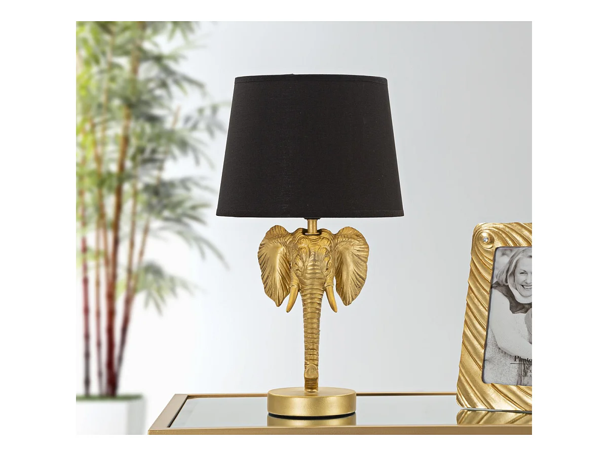 Kleine Olifant Nachtlamp van goudkleurig hars met zwarte stoffen kap