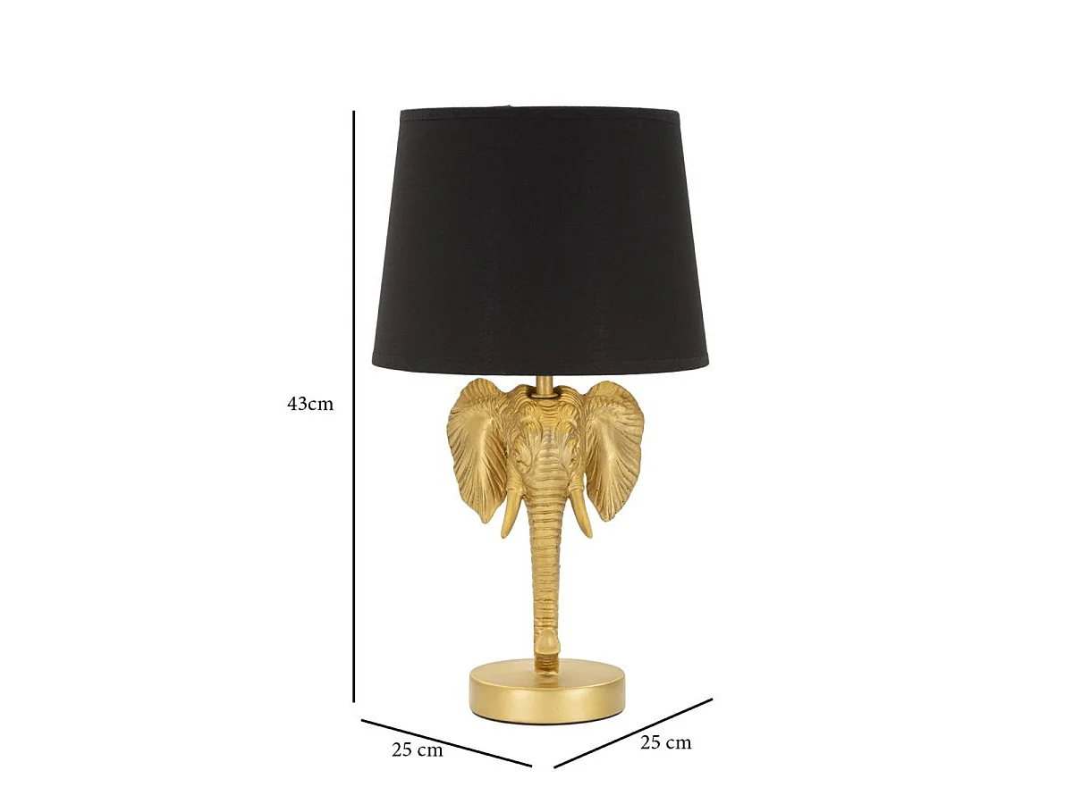 Kleine Olifant Nachtlamp van goudkleurig hars met zwarte stoffen kap