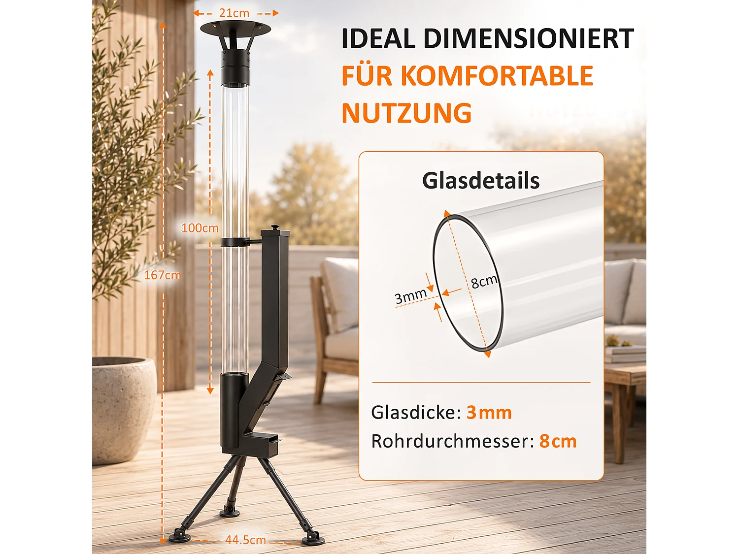 NETTLIFE Chauffage Extérieur Mobile, Colonne de Feu à Granulés sur Trépied, Acier Noir, 1,1 m, 5-6 kW