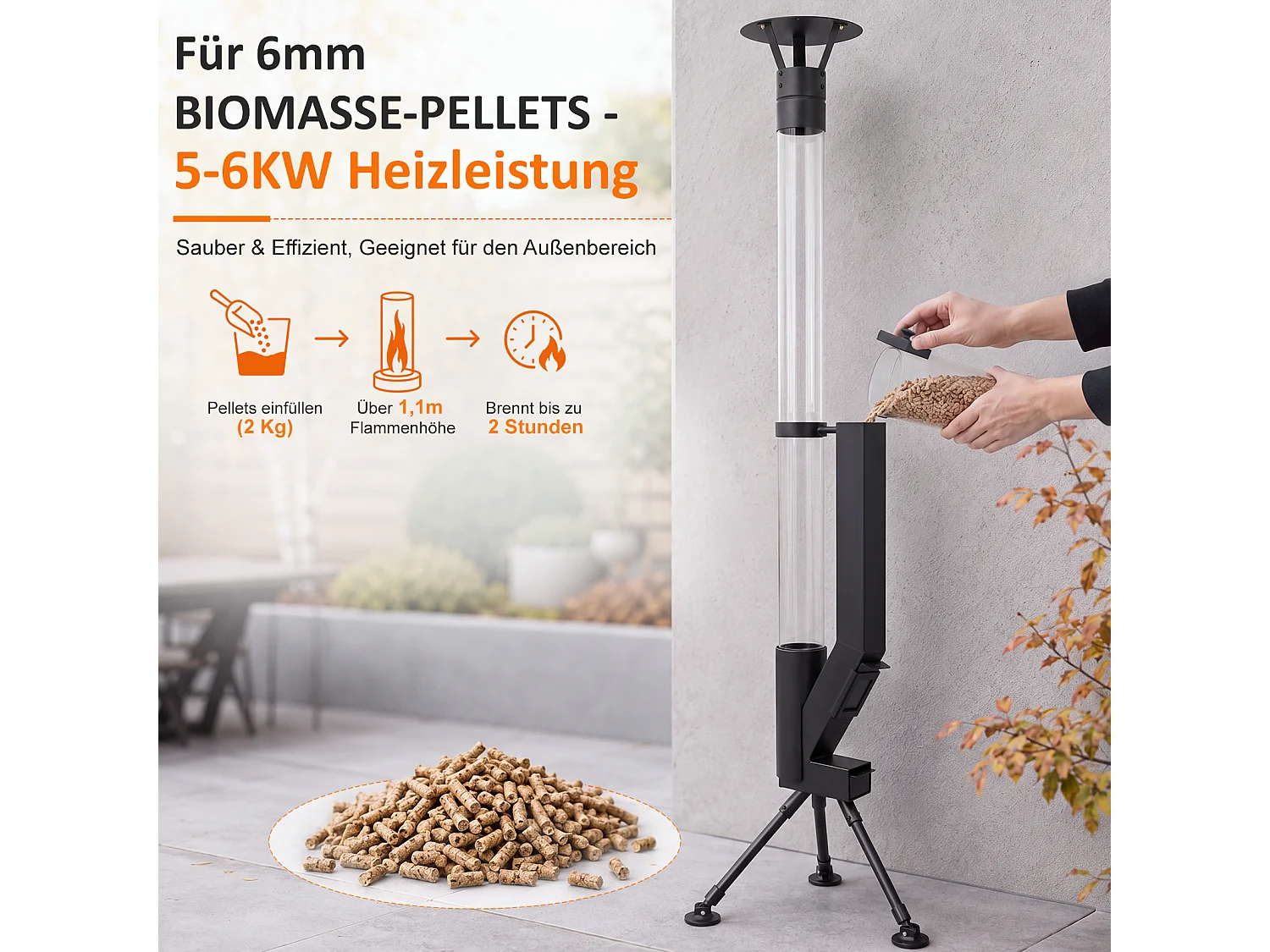 NETTLIFE Chauffage Extérieur Mobile, Colonne de Feu à Granulés sur Trépied, Acier Noir, 1,1 m, 5-6 kW