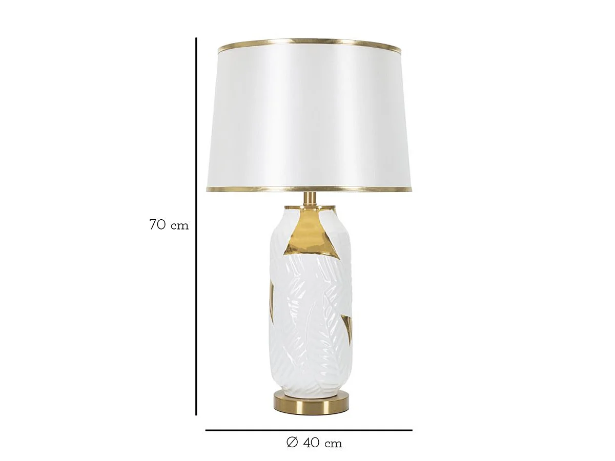 Lampe de table Ceramic en céramique blanche et métal doré avec abat-jour en tissu