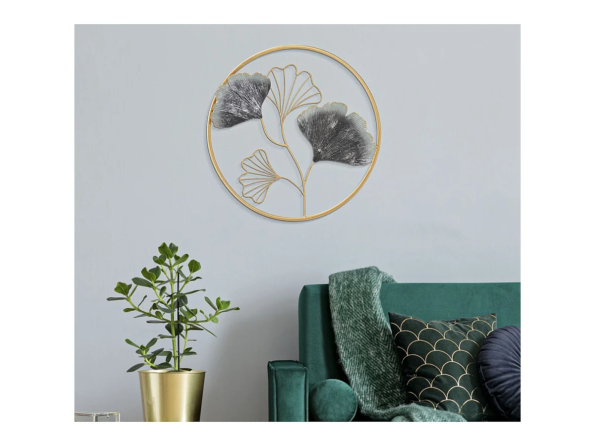 Panneau décoratif mural Flower Simple rond avec feuilles de ginkgo grises et or Ø 45 cm