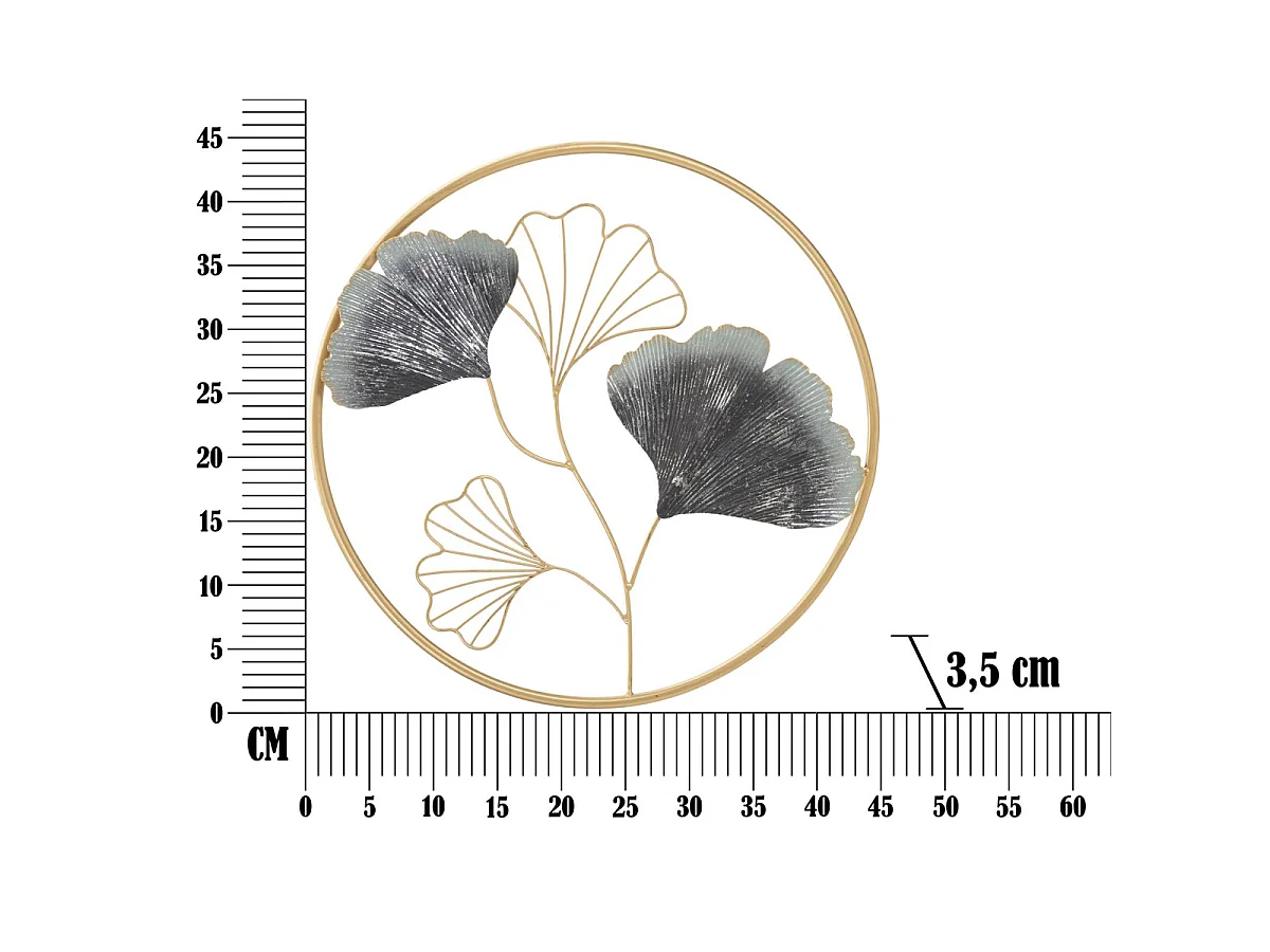Panneau décoratif mural Flower Simple rond avec feuilles de ginkgo grises et or Ø 45 cm