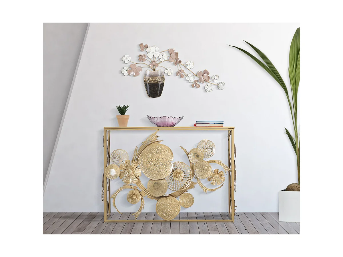 Dekoracyjny panel ścienny Vase New z wazą i kwiatami z różowego i białego żelaza 87x46 cm
