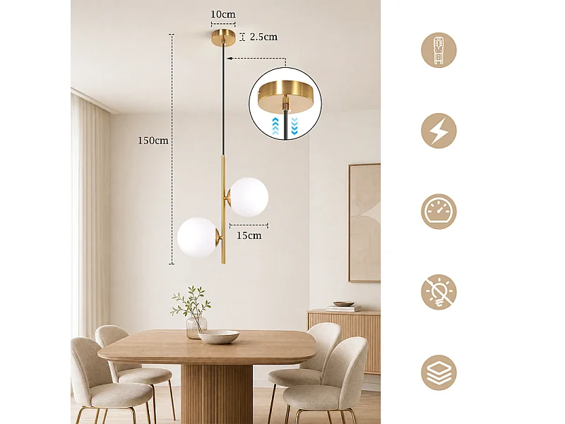 NETTLIFE Pendelleuchte Gold 2-flammig Opalkugel G9 150cm für Esszimmer/Küche.