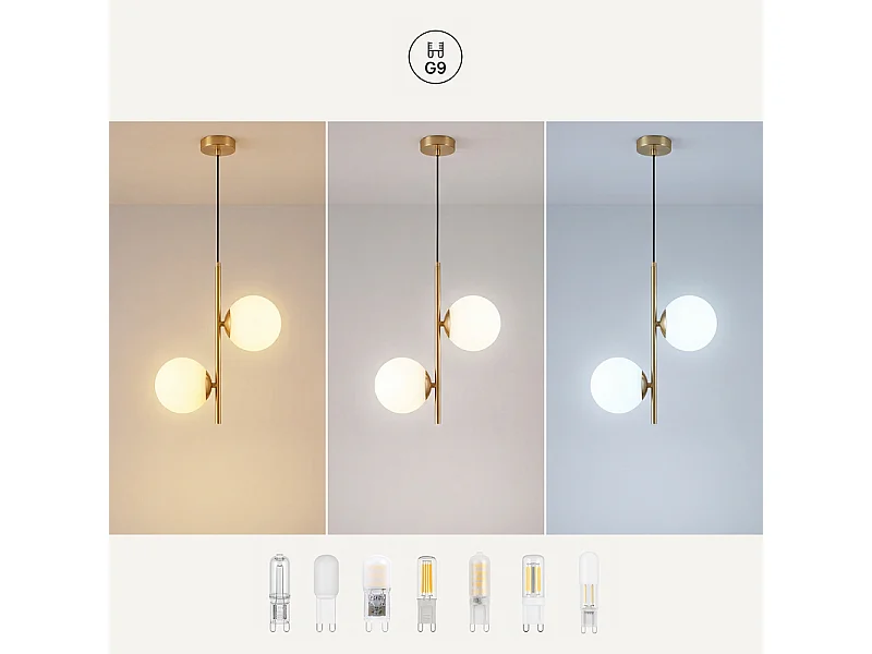 NETTLIFE Pendelleuchte Gold 2-flammig Opalkugel G9 150cm für Esszimmer/Küche.