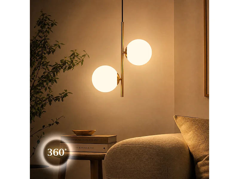 NETTLIFE Pendelleuchte Gold 2-flammig Opalkugel G9 150cm für Esszimmer/Küche.