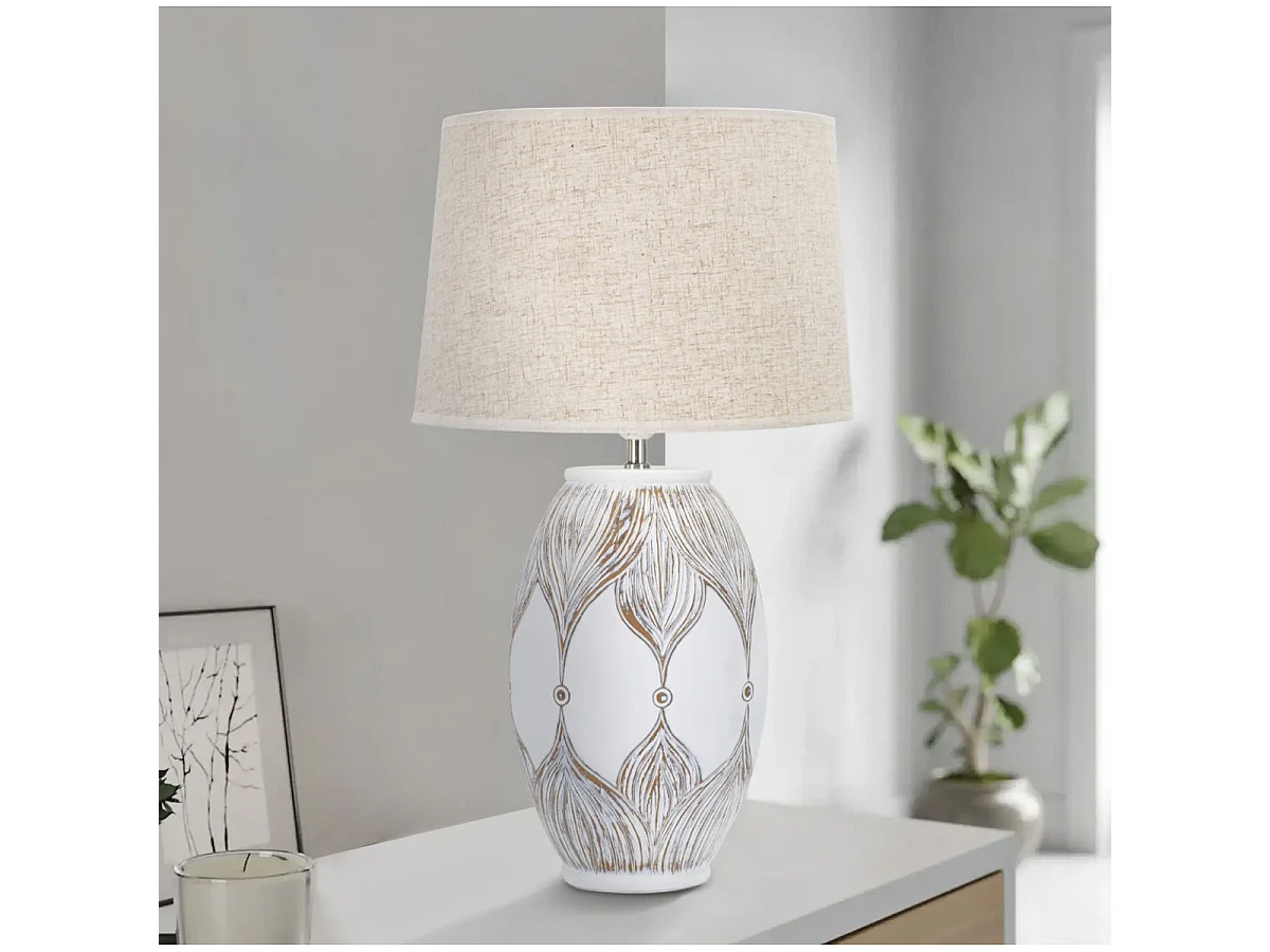 Lampe de table Athènes en résine ovale avec motif plumes style Boho Chic
