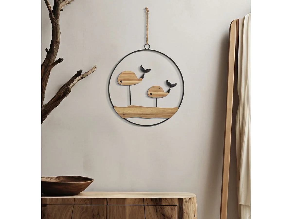 Panneau mural Balene en fer et bois de sapin avec cercle