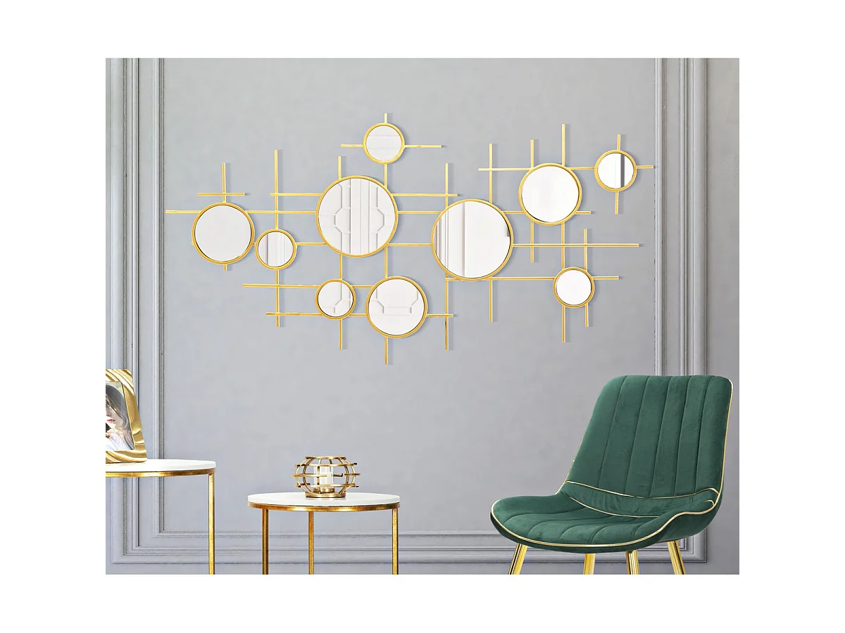 Miroir mural Gloxy horizontal en fer doré avec miroirs multiples
