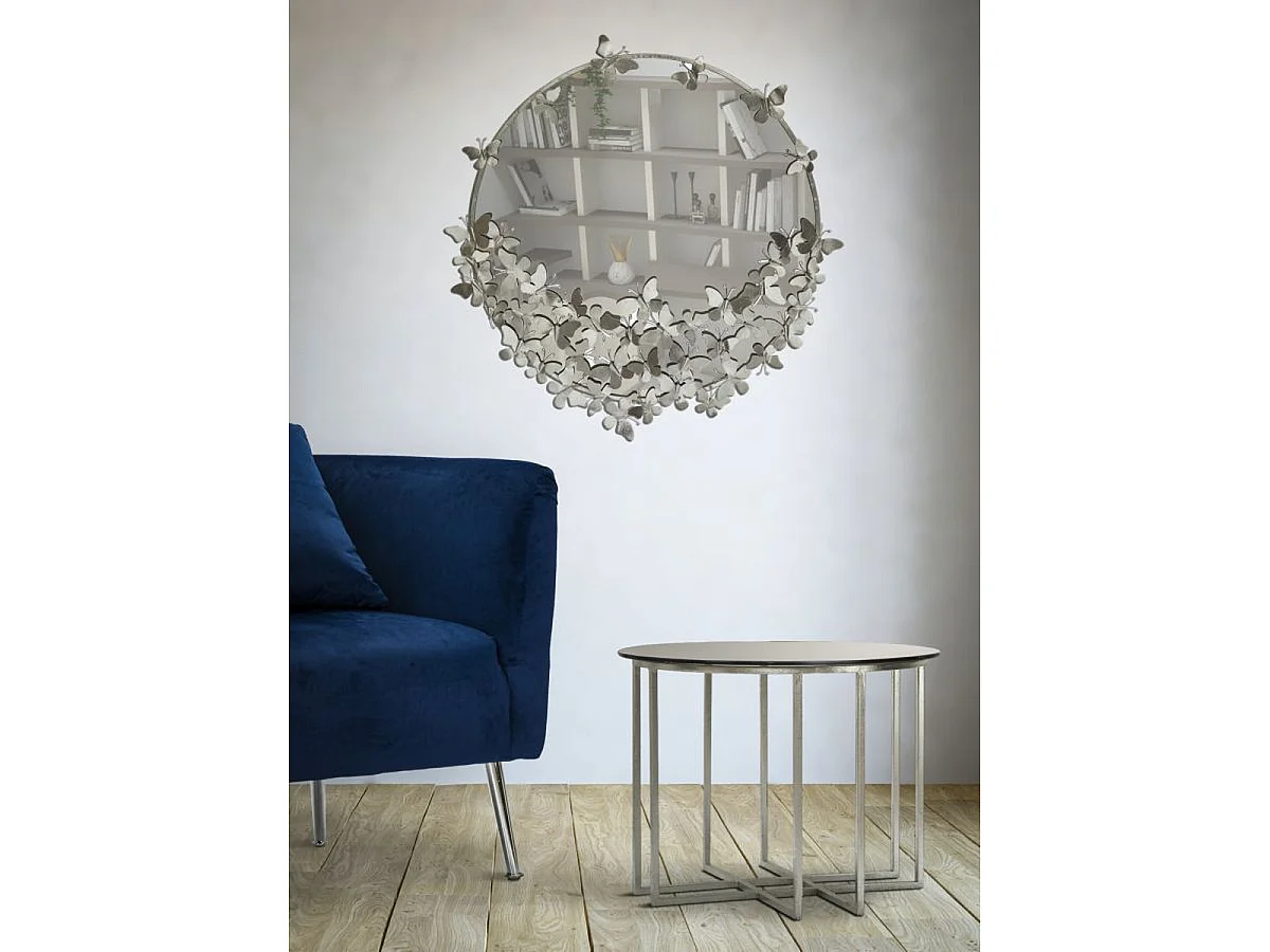 Miroir mural Farfalle Round en fer argenté avec décor papillons