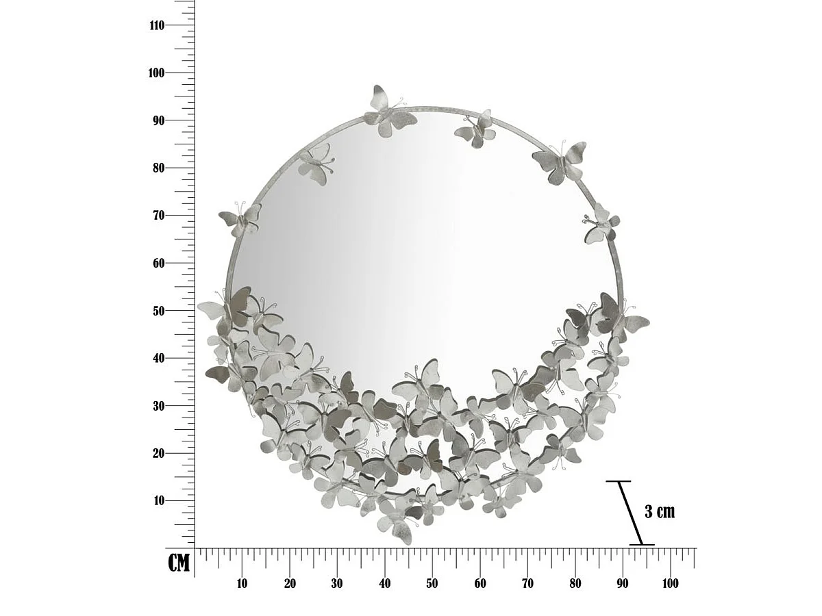 Miroir mural Farfalle Round en fer argenté avec décor papillons