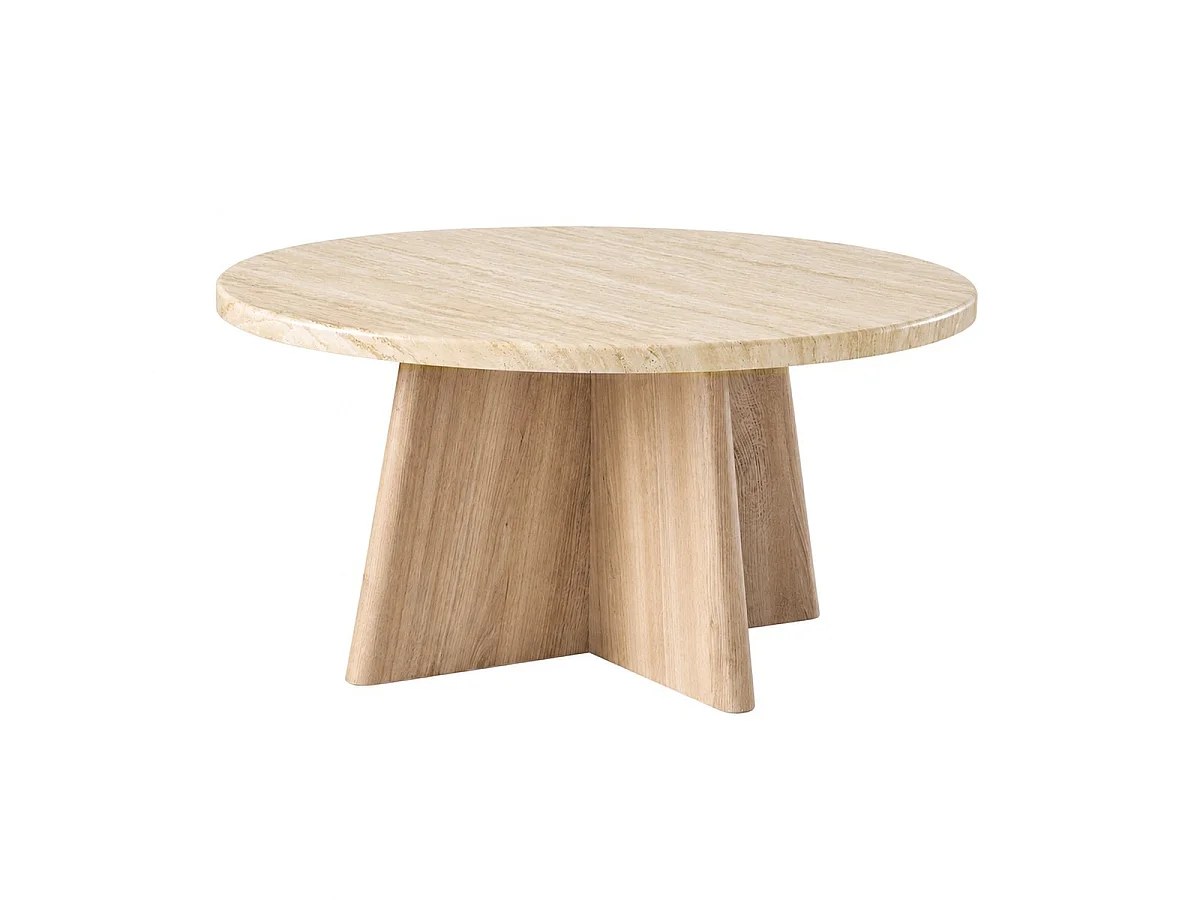 Tavolino basso rotondo con piano in decoro travertino e gambe in finitura rovere D80 cm - AGATE