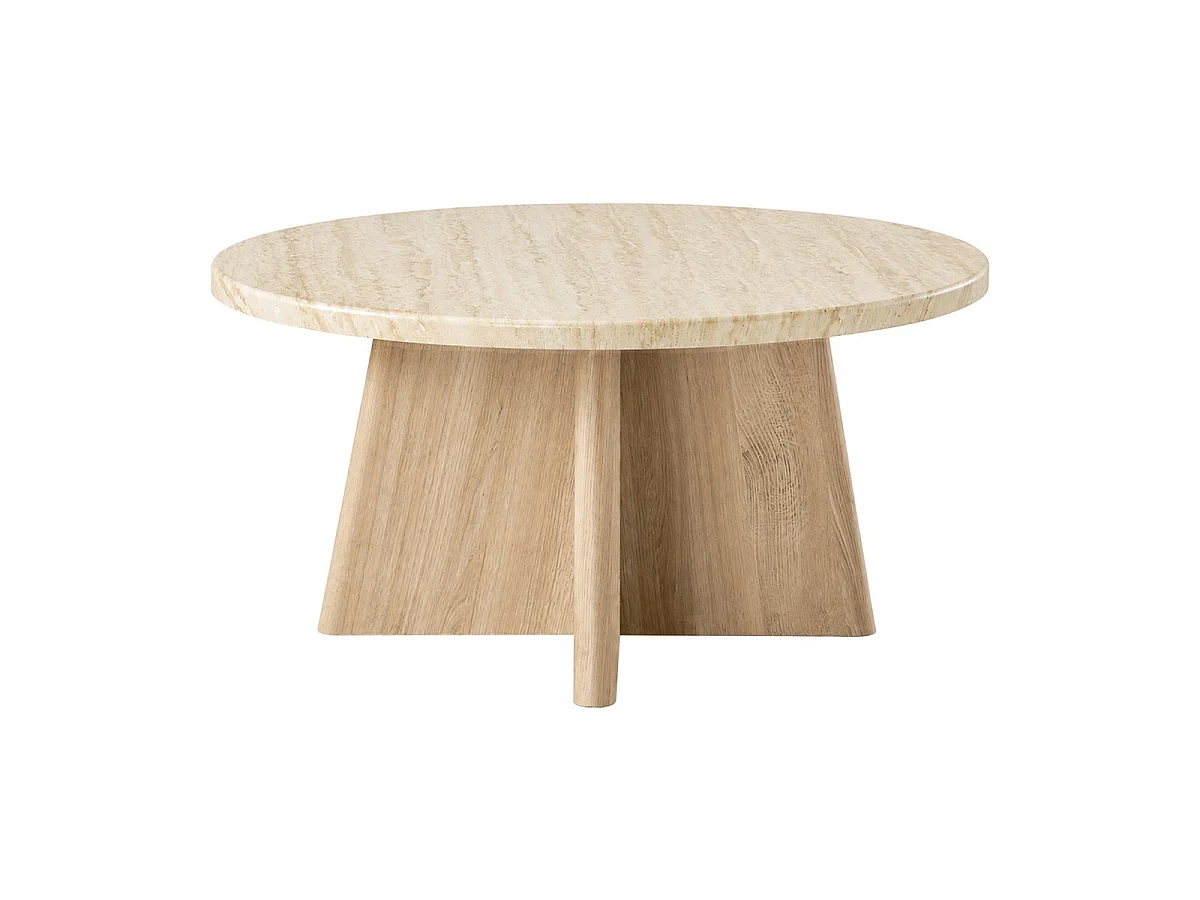 Tavolino basso rotondo con piano in decoro travertino e gambe in finitura rovere D80 cm - AGATE