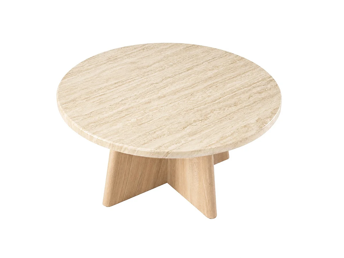 Tavolino basso rotondo con piano in decoro travertino e gambe in finitura rovere D80 cm - AGATE